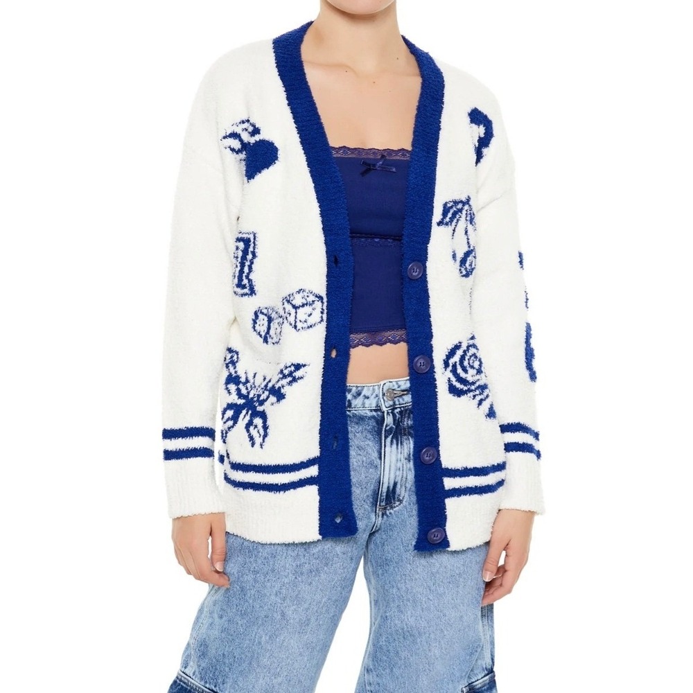 Forever 21 Chenille Novelty Print Varsity White Blue Cardigan Sweater‎ Sz 1X